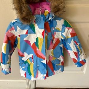 Mini Boden All-Weather Waterproof Jacket Surfboard Blue Rainbow Star- Size 3-4